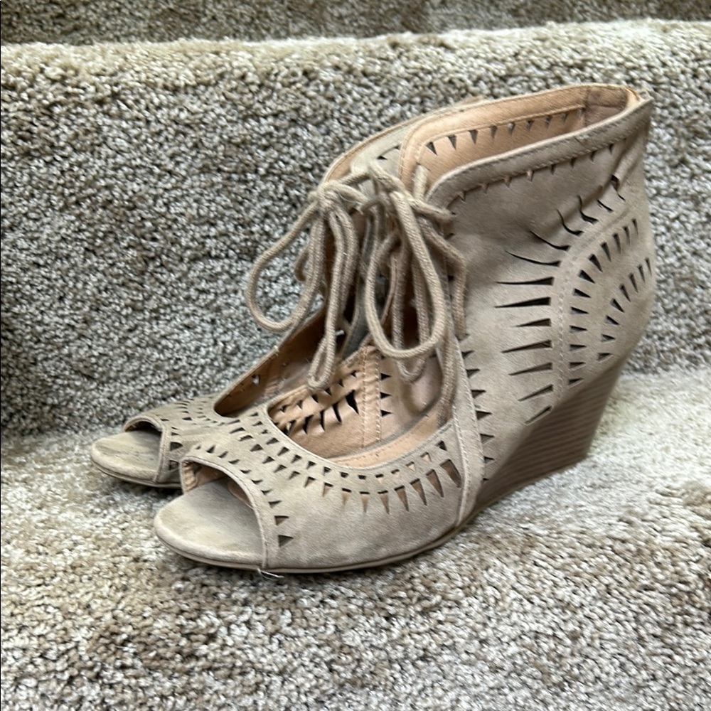 Stylish Tan Laser Cut Wedge Sandals